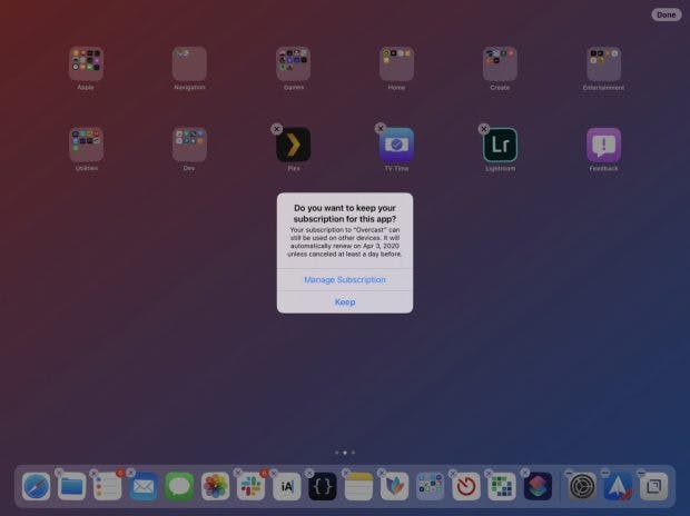 iOS 13 warnt euch vor dem Löschen einer App, falls ihr ein laufendes Abo fr den Dienst habt. (Screenshot: <a href=""https://twitter.com/viticci/status/1140780962013437952>Viticci</a>)