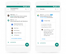 In Googles Hangouts-Chat sind Schnittstellen zu anderen Google-Diensten wie Kalender und Drive integriert. (Screenshot: Google)