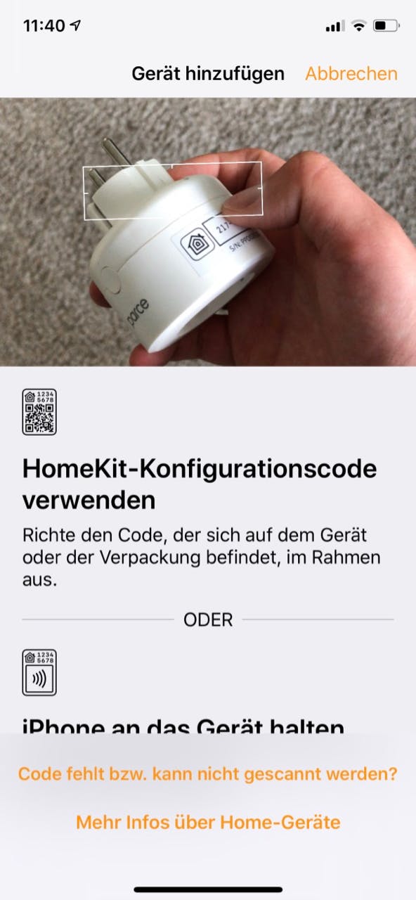 HomeKit im Test: HomeKit-Code einlesen