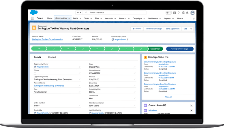 Das übersichtliche Dashboard des Salesforce CRM Lightning mit Integration von DocuSign