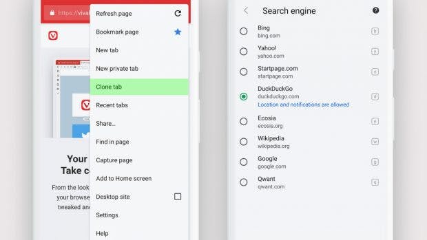 Tabs duplizieren und verschiedene Suchmaschinen in Vivaldi for Android.