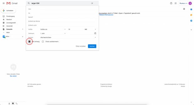 Gmail - Große E-Mails suchen.