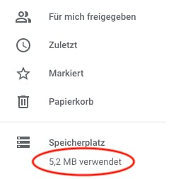 Anzeige des belegten Speicherplatzes der Google Drive.
