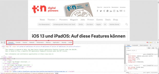 Verschiedene Reiter der Entwicklertools