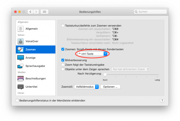 Zoom-Einstellungen in den Bedienungshilfen unter MacOS.