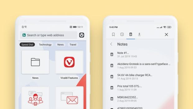 Schnellwahl und Notizen in Vivaldi for Android.