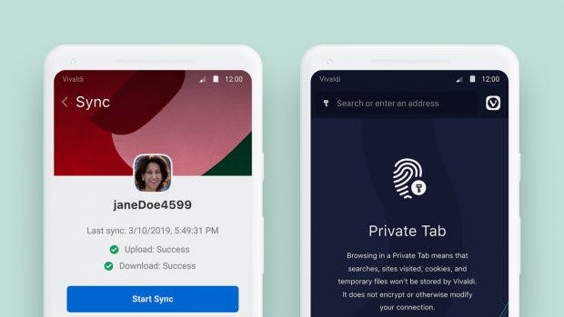 Sync mit Ende-zu-Ende-Verschlüsselung und private Tabs in Vivaldi for Android.