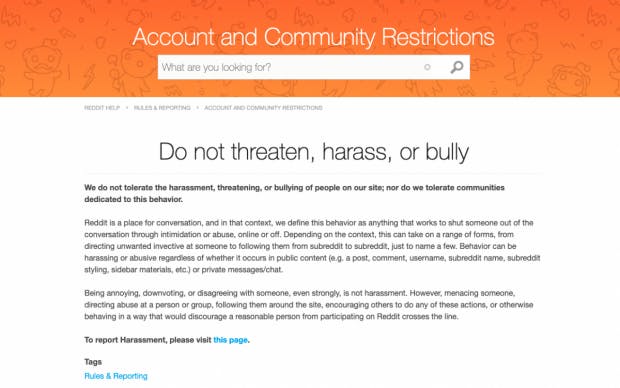 Reddit-Richtlinien gegen Belästigung und Drohungen.