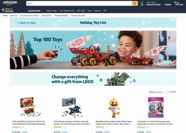 Spielzeug-Empfehlungen zu Weihnachten: Bis zu zwei Millionen US-Dollar sollen Marken dafür an Amazon zahlen. (Screenshot: Amazon.com)