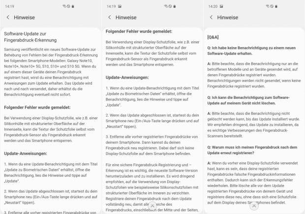 Der Beitrag zum Fingerabdruck-Update in der Samsung Members App. (Screenshot: t3n)