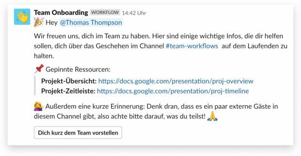 Der Workflow-Builder kann beispielsweise für die Automation des Onboardings genutzt werden. (Screenshot: Slack)