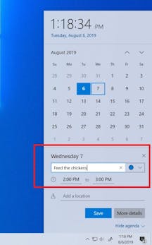 Events lassen sich nach dem Windows-10-Update direkt in der Taskleiste anlegen. (Bild: Microsoft)