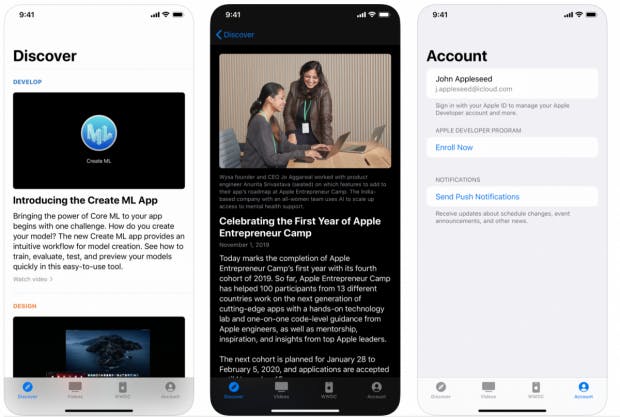 Screenshots der neuen Apple Developer App. (Bilder: Apple)