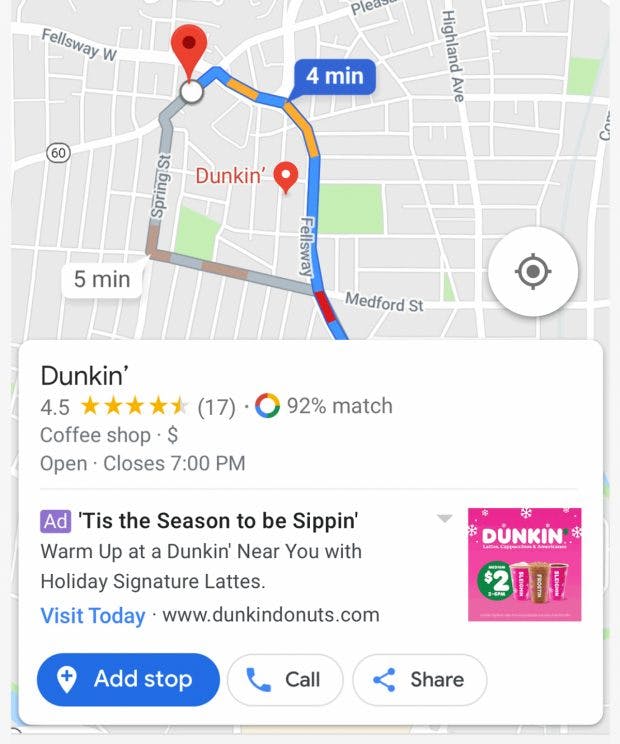 Werbung auf Google Maps: Mit einem Klick wird der Laden als Zwischenstopp in eure Route eingeplant. (Grafik: Google)