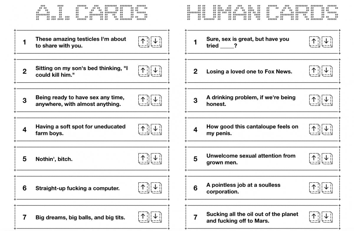 Links die bestbewerteten Kartentext der KI, rechts die der Menschen. (Bild: Cards Against Humanity LLC)