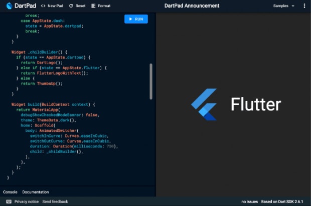 Der Online-Editor DartPad unterstützt jetzt auch das Ausführen von Flutter-Apps. (Screenshot: t3n)