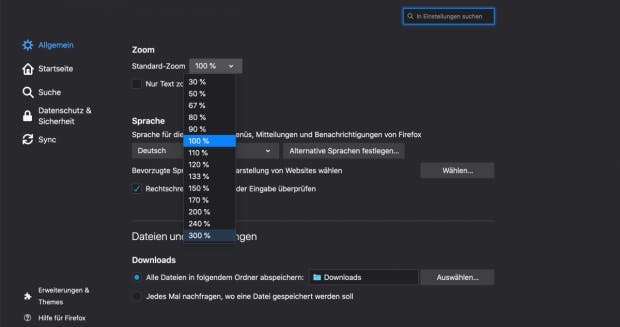 Zoom-Einstellungen in Mozilla Firefox.