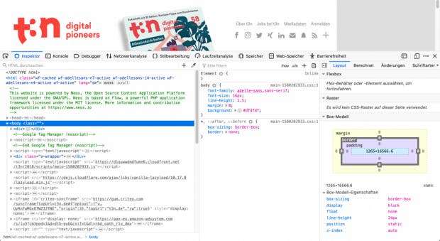 Firefox-Seiteninspektor auf der t3n-Website.