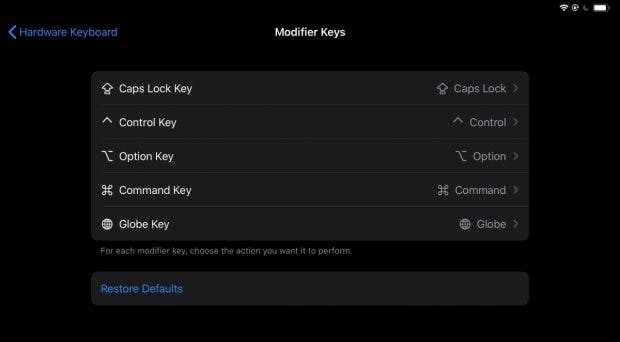 iOS 13.4 Keyboard Remapping. (Bild: Steve Troughton-Smith)