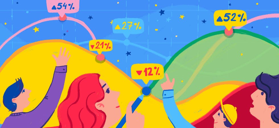 Eine Illustration, auf der verschiedene Menschen auf bunte Graphen mit Prozentangaben zeigen und schauen