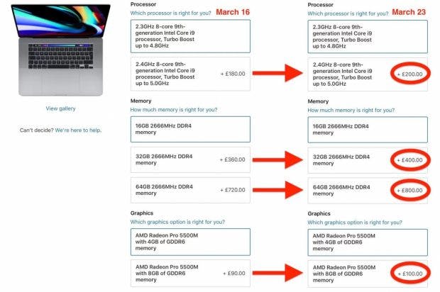 Apple BTO Preise für das Macbook Pro 16 vom 16. und 23. März 2020. (Screenshot: Macrumors)