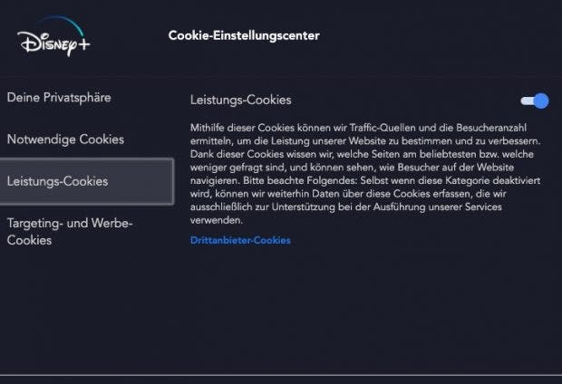 You can set cookies on the Disney Plus website. (Screenshot: t3n)