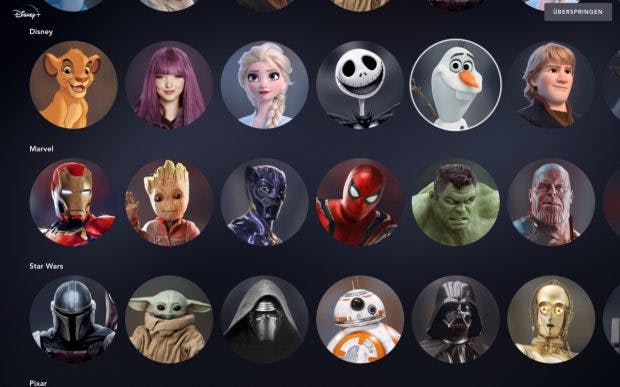 Disney Plus - an avatar from the Disney world can be selected for each user profile. (Screenshot: t3n)