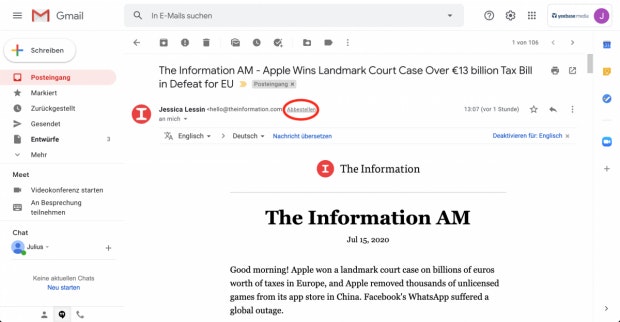 Abbestellen-Button in Mails in Gmail
