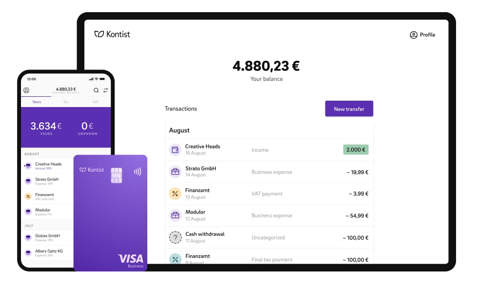 Abgebildet ist das Angebot eines Kontist-Kontos: Dashboard auf dem Desktop und dem Smartphone sowie eine physische Visa-Karte