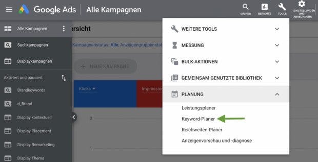 Google Keyword Planner in the Ads account menu