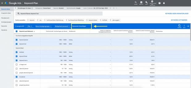 Add keywords to Google Keyword Planner